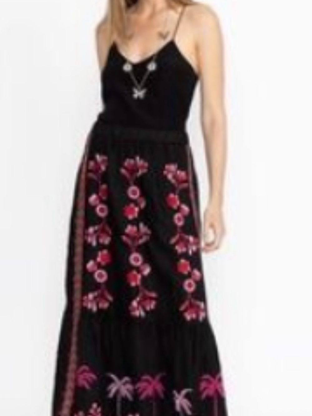 Johnny Was CASSIA Black linen Maxi Skirt Pink Floral Embroidery XL EXCELLENT